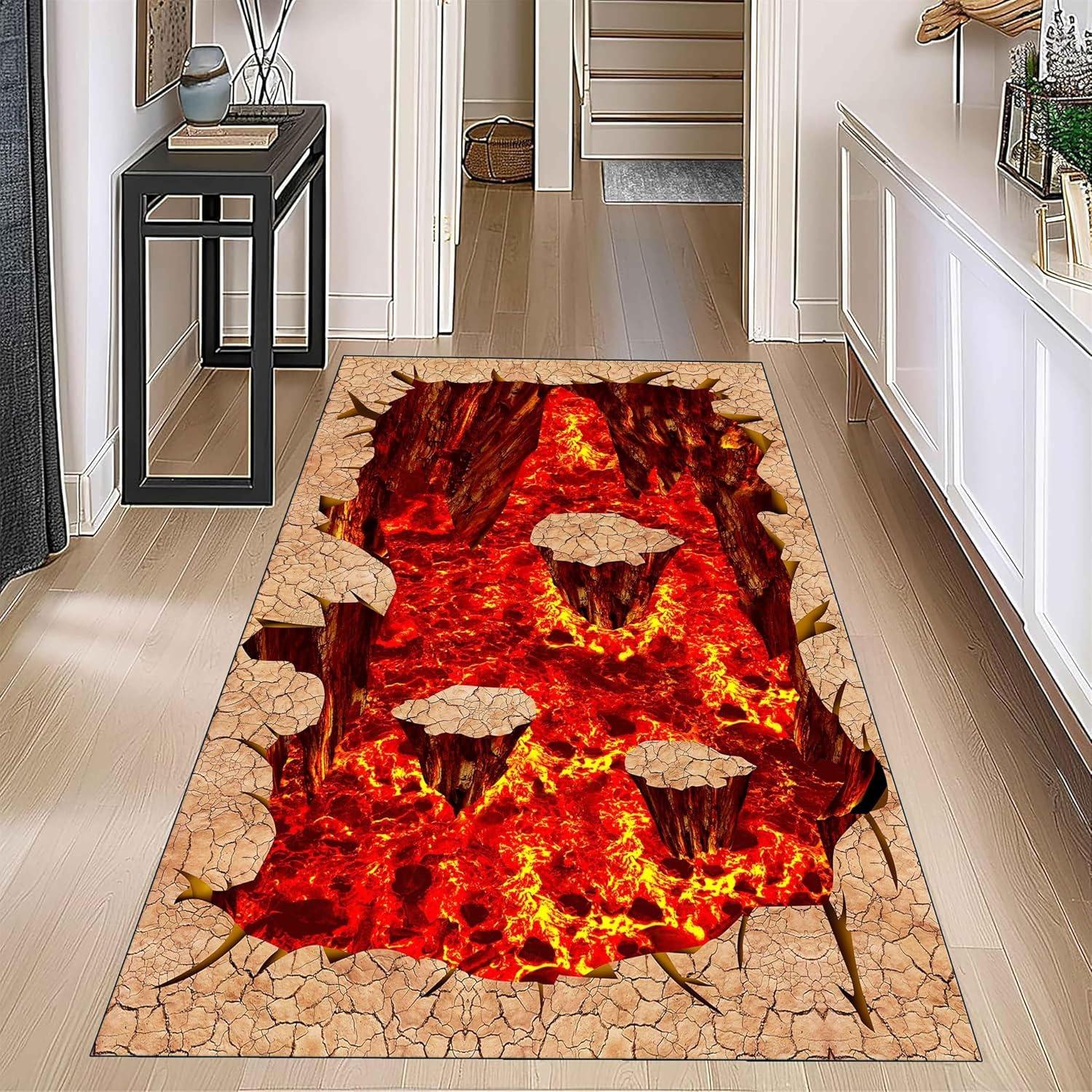 

3D Optical Illusion Volcano Runner Rug Volcanic Lava Hallway Carpet Non-slip Home Decor Floor Mat for Living Room Bedroom 40X120CM