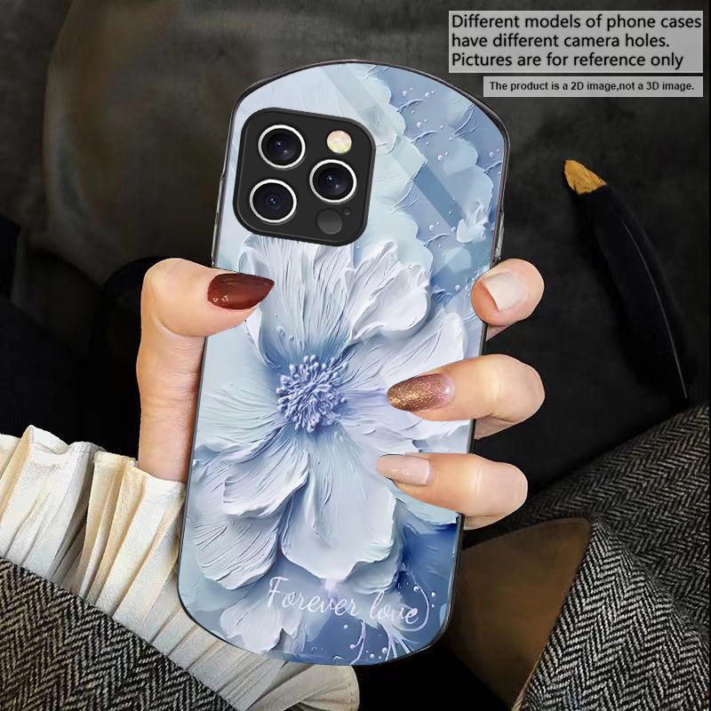 Plants in Oil Painting For iPhone 16 15 14 Pro 13 Plus 12 mini 11 13Pro Max XR X S 7 8 6 Elliptical Tempered Glass Phone Case