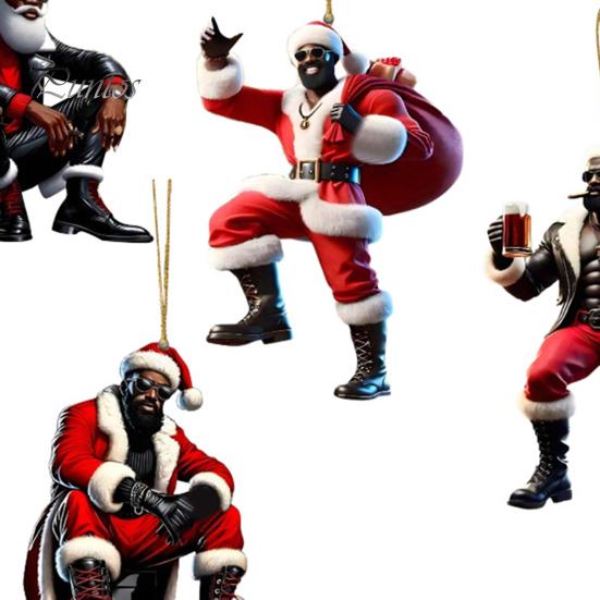 4Pcs Santa Claus Christmas Ornament 2D Acrylic Car Accessory Xmas Tree Hanging Decoration for Holiday Decor
