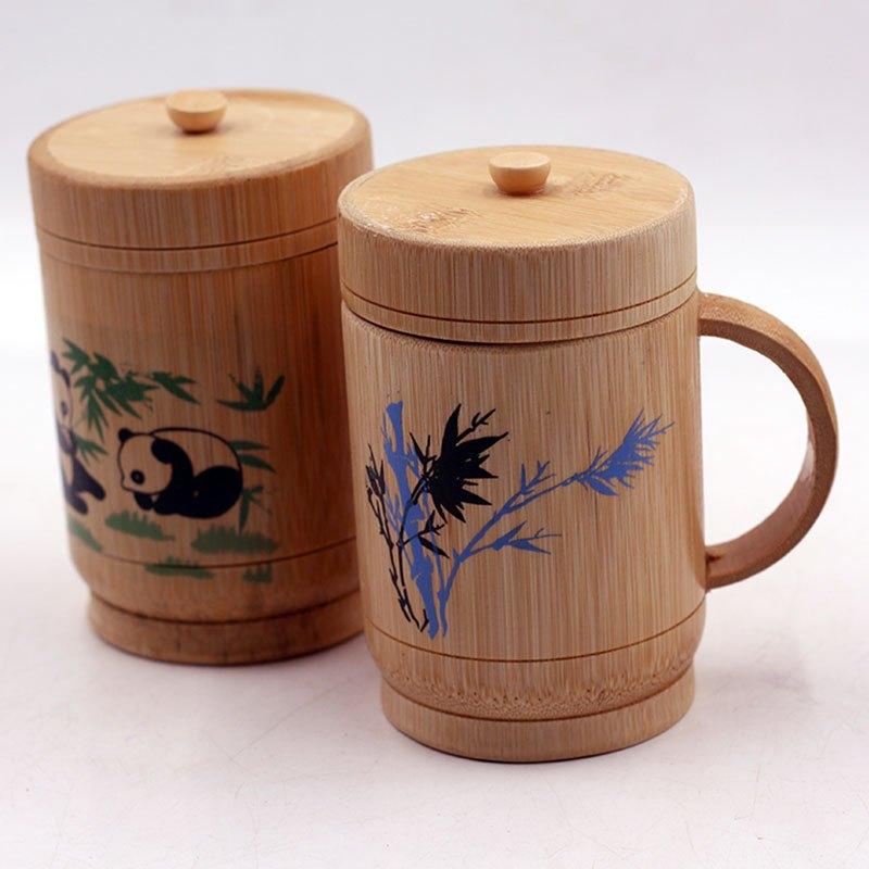 1Pc Handmade Bamboo Household Cup with Handle and Lid Printing