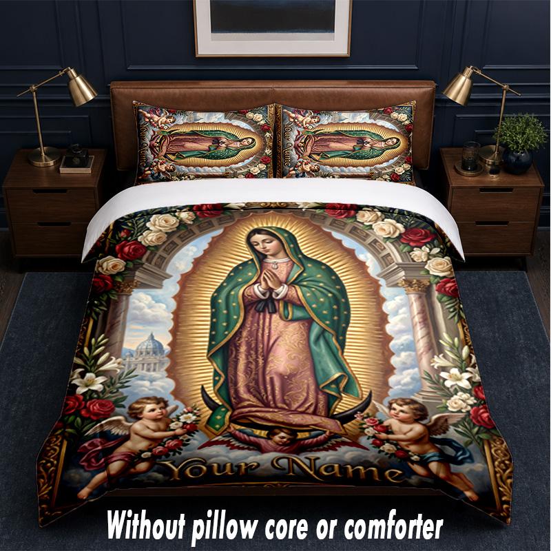 Virgin Mary Theme Custom Text Or Name 3Pcs Bedding Set,1 Flat Sheet & 2 Pillowcases Personalized Home Bedding