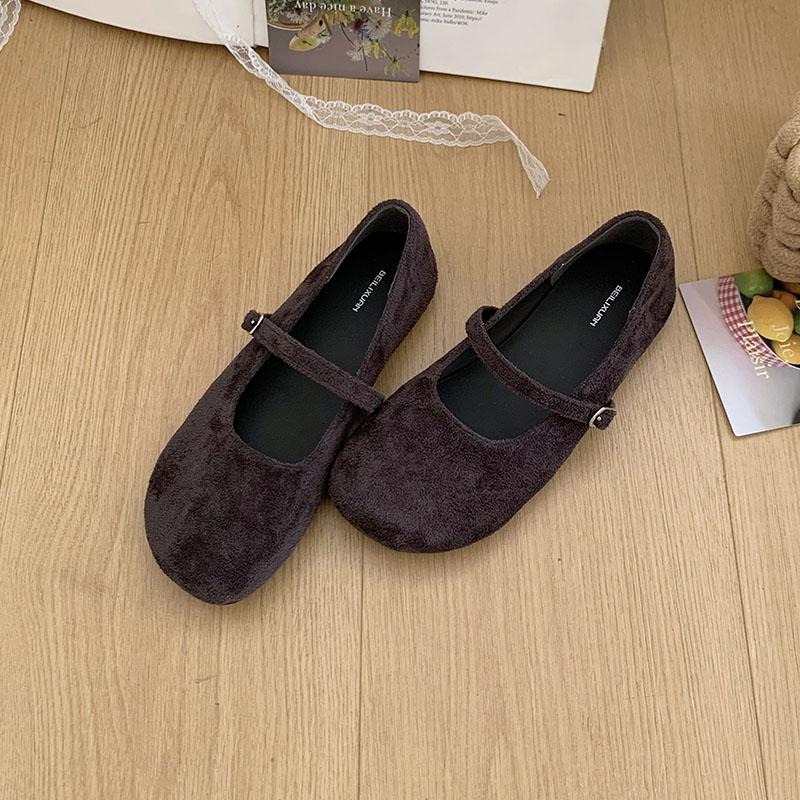 Mode Flache Mode Schnallenriemen Damen Mary Janes Ballerinas Schuhe Weiblich Runde Zehenpartie Schuhe Flock Damen Ballerinas Tanzschuhe