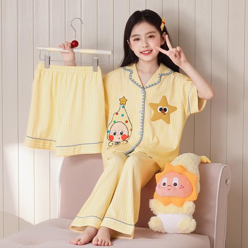 Kids Cotton Pajama Set Short Sleeve Long Pants Cartoon Print Sleepwear Girls Boys Comfortable Home Wear