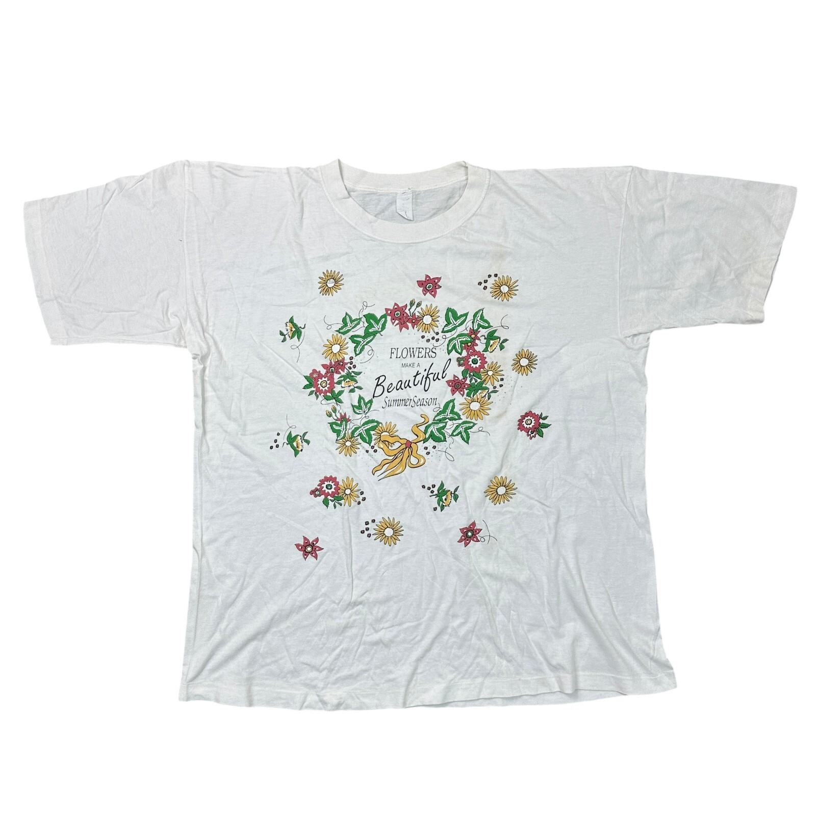 

Vintage Single Stitch T-Shirt Mens Womens Tees Top 90s Flowers Graphic Print White Mens M