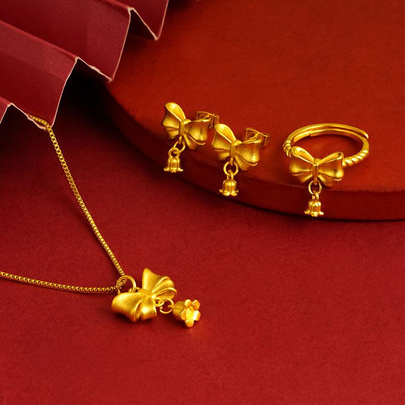 Vietnam Gold-Plated Clover Necklace, Ring & Five-Flower Bracelet Set
