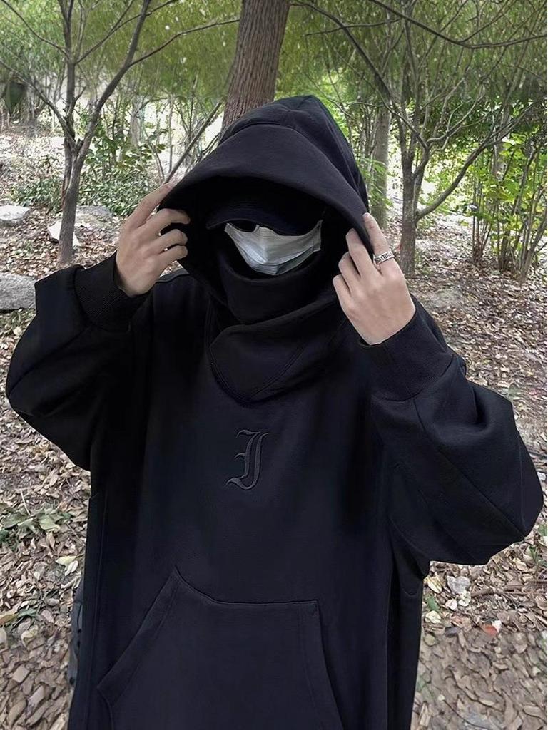 Men's High-Neck Embroidered Hoodie: Socially Anxious Ninja Style for Autumn/Winter