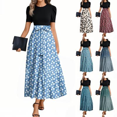 Women's Fashion Casual Belt Short Sleeve Round Neck Floral Stitching Elegant Temperament Dress