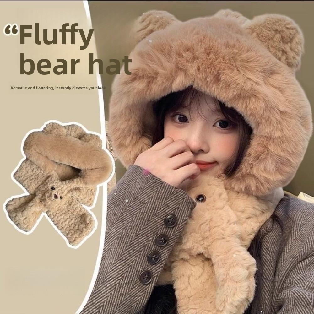 Solid Color 2 In 1 Plush Scarf Warm Winter Neckerchief Cute Bear Ear Hat Streetwear