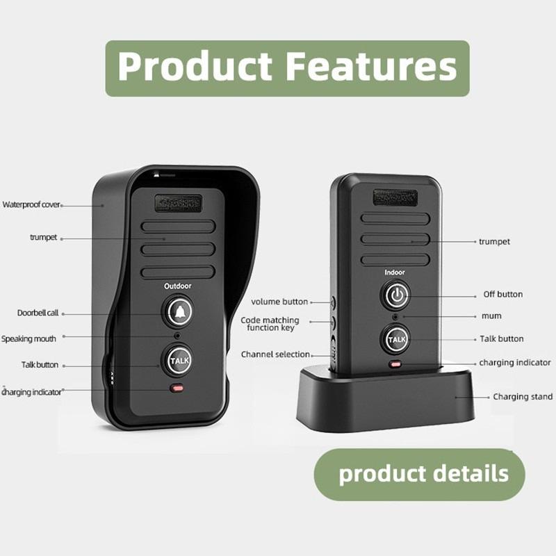 1-2 Mile Range 3 Volume Levels Rechargeable Voice Intercom Doorbell Wireless Doorbells Waterproof Electronic Intercom System