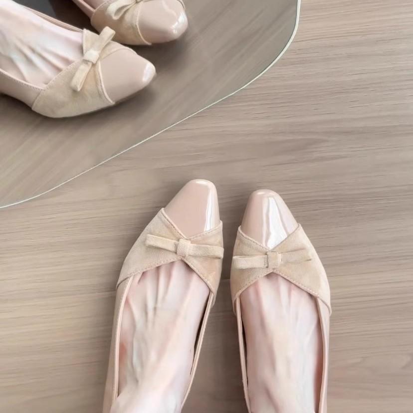 Sheepskin inner height increase 5cm nude bow patent leather single shoes femininity one pedal commuter shoes Mary Jane women's shoes