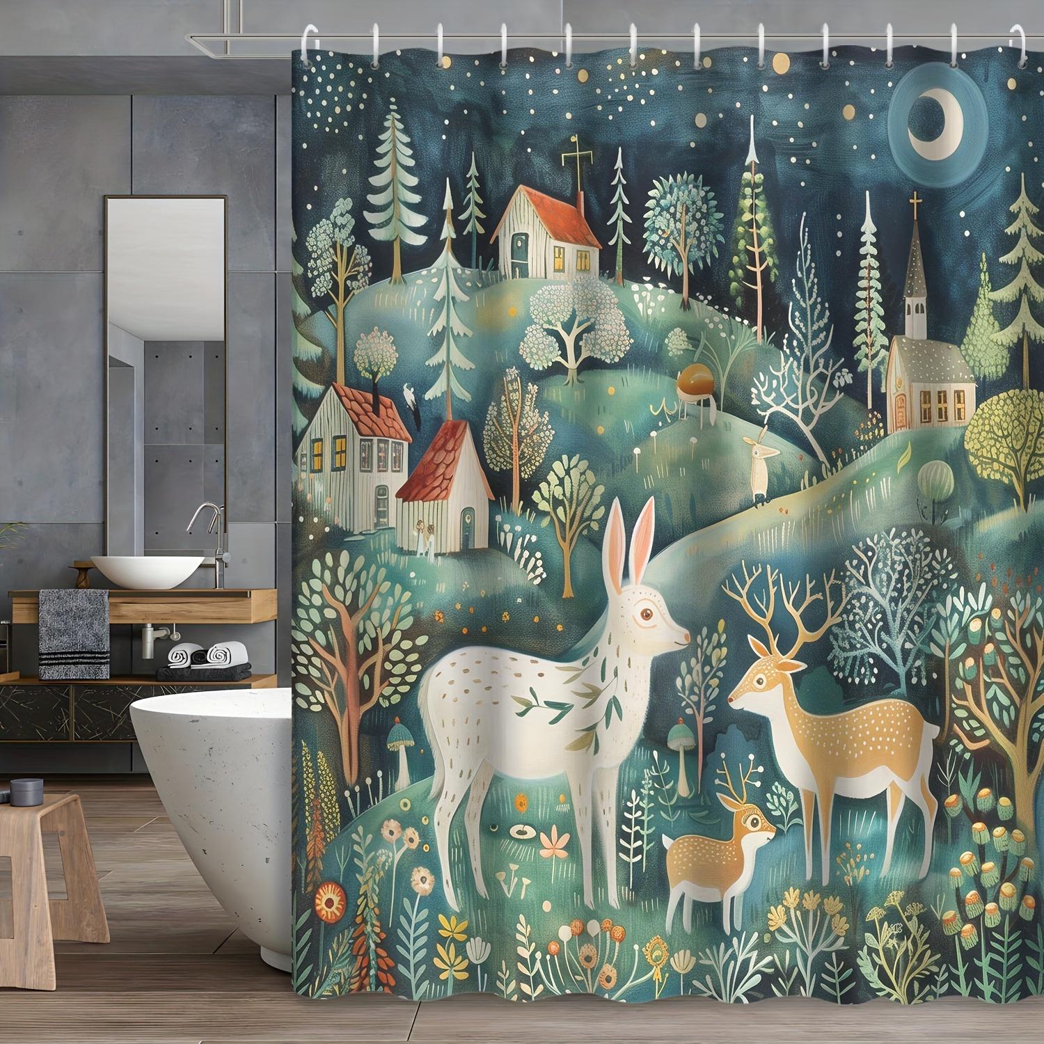 

Magic Forest Shower Curtain - Deer And Foxes In The Magic Forest Hanging On The Living Room Wall, Bedroom Decoration W60H190(CM)-1 Pcs