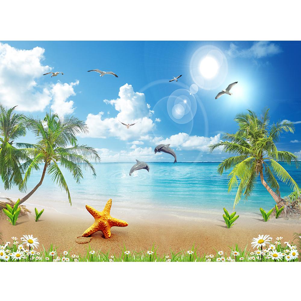 Strandlandschaft Wandbild Blauer Himmel Weiße Wolken Möwe Delfin Wandbild Kokospalme Tapete Wohnzimmer Schlafzimmer Heimdeko
