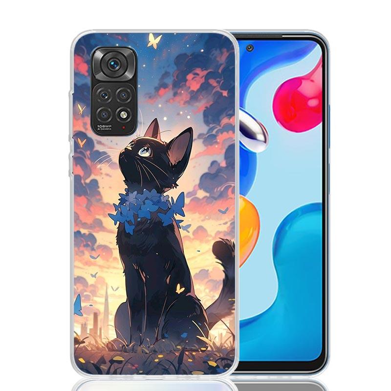 Anime Cute Black Cat Meow Phone Case For Xiaomi Redmi Note 15 14 13 12S 12 Pro Plus 11S 11E 11 11T 10S 10 Art Soft Pattern Cover