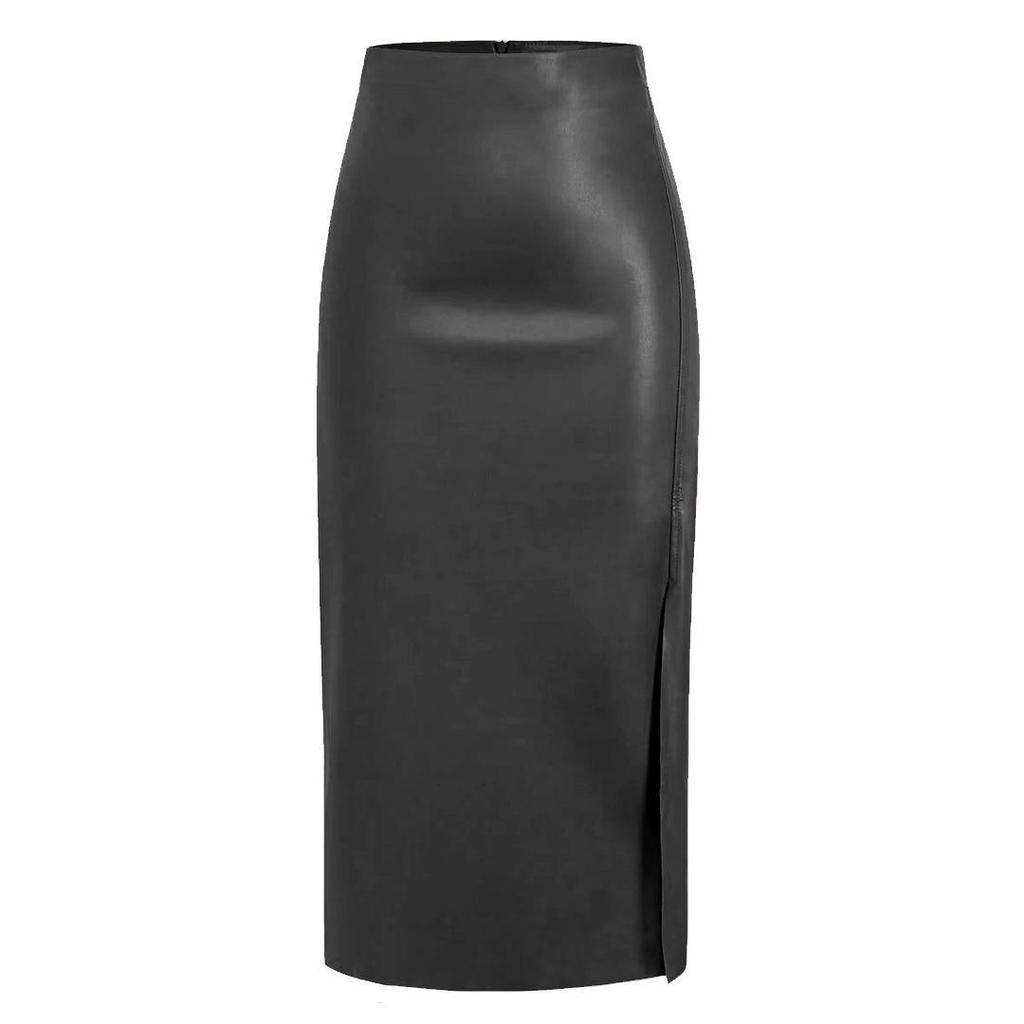 PU Kůže Sukně Midi se Zipem s Vysokým Pasem: Podzimní/Zimní Bodycon sukně s rozparkem pro ženy