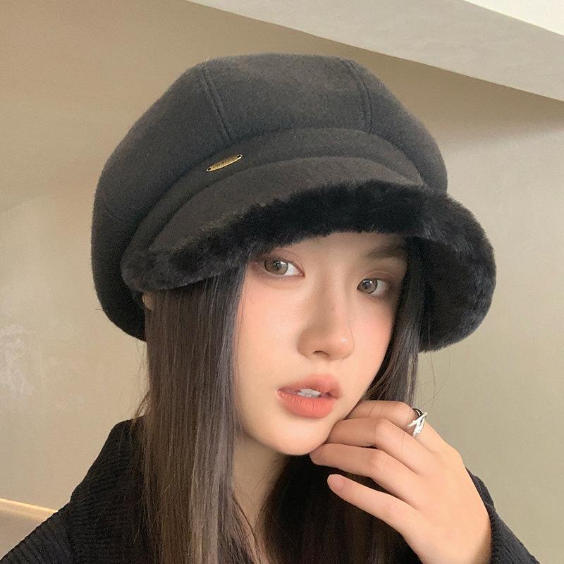 Fisherman Hat Women's Autumn and Winter New Fashion Revealing Small Versatile Basin Hat Plus Velvet Warmth Ear Protection Octagonal Hat Trendy