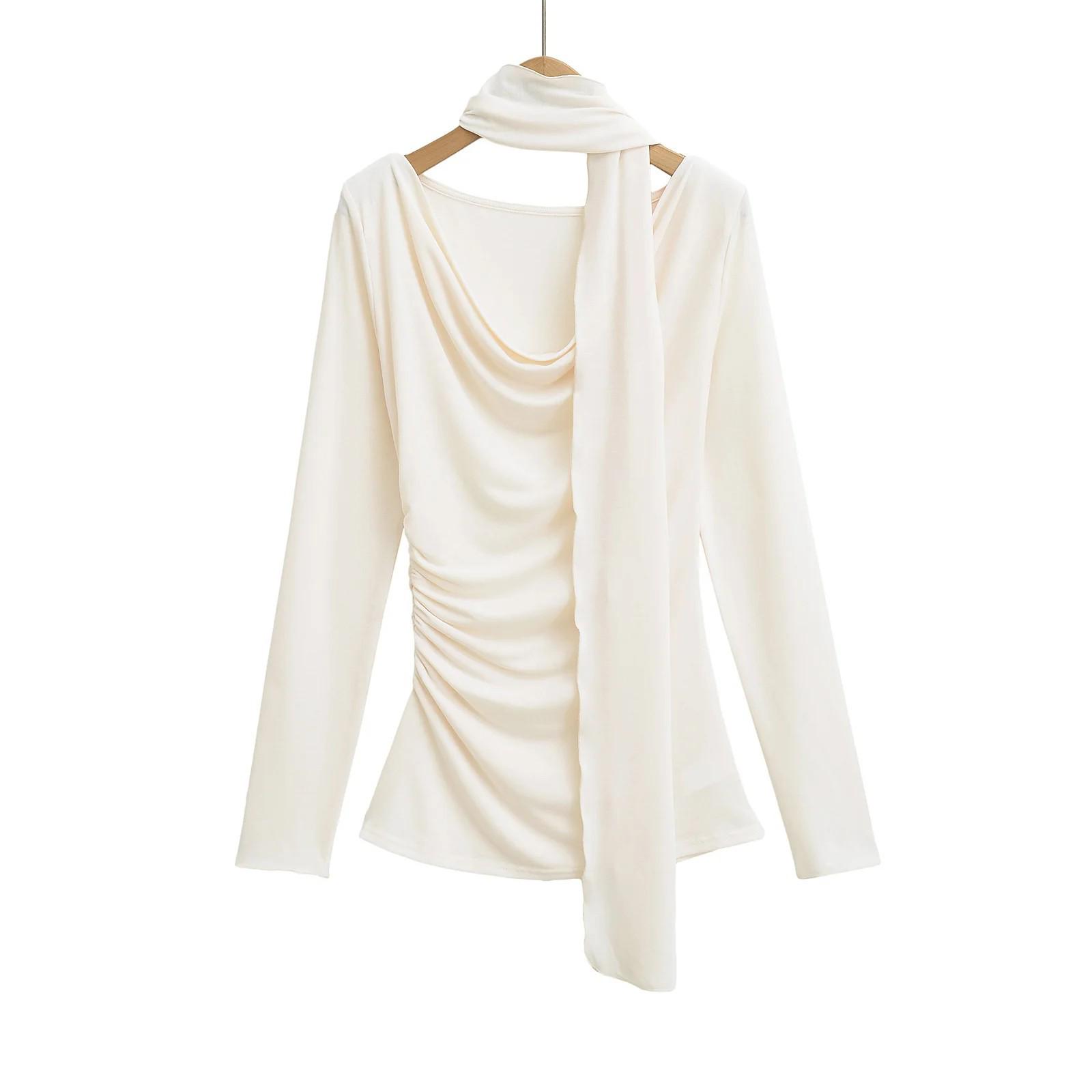 

Топ с воротником-хомутом и лентой на талии для стройности - Женская футболка с длинным рукавом для ранней весны Large абрикосовый