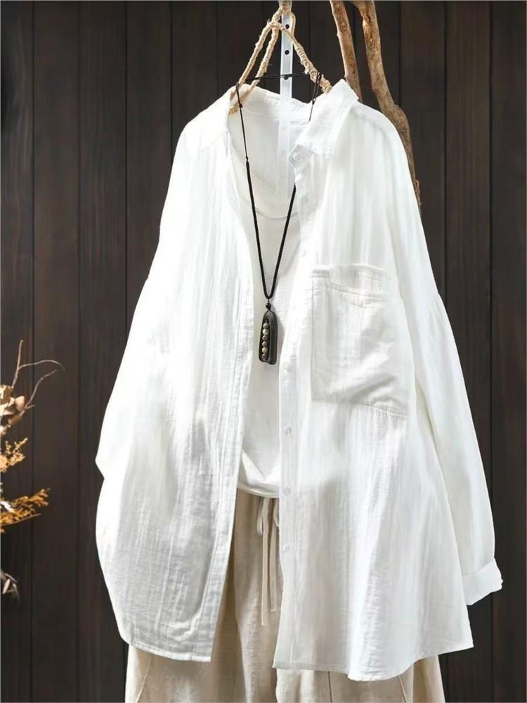 

Johnature Vintage Button Down Shirt Women Long Sleeve Blouse Soft Spring Top with Collar and Pockets One Size белый