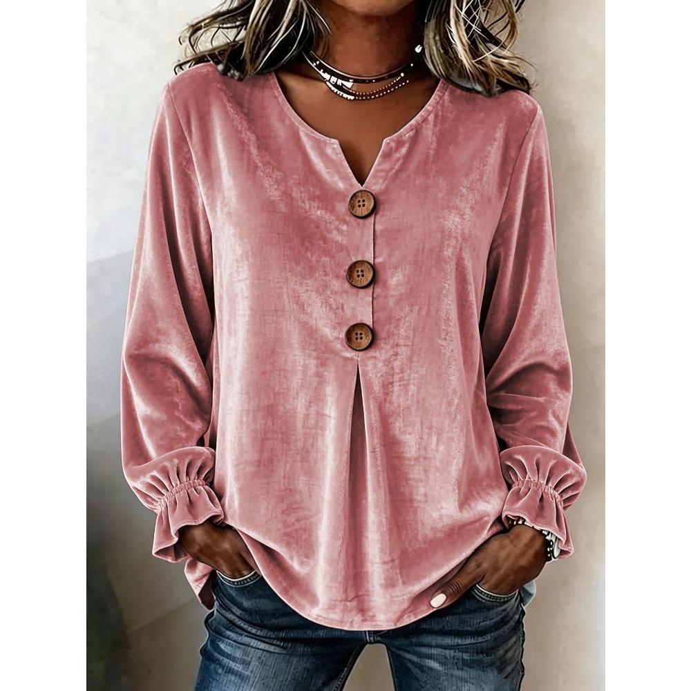 Fashion Velvet Long Sleeve Shirt, V Neck Button Down Blouse for Women