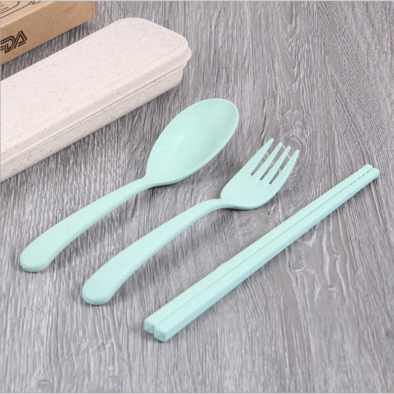 4 piece Portable Plastic Wheat Straw Fork Spoon Box Tableware Camping Picnic Set