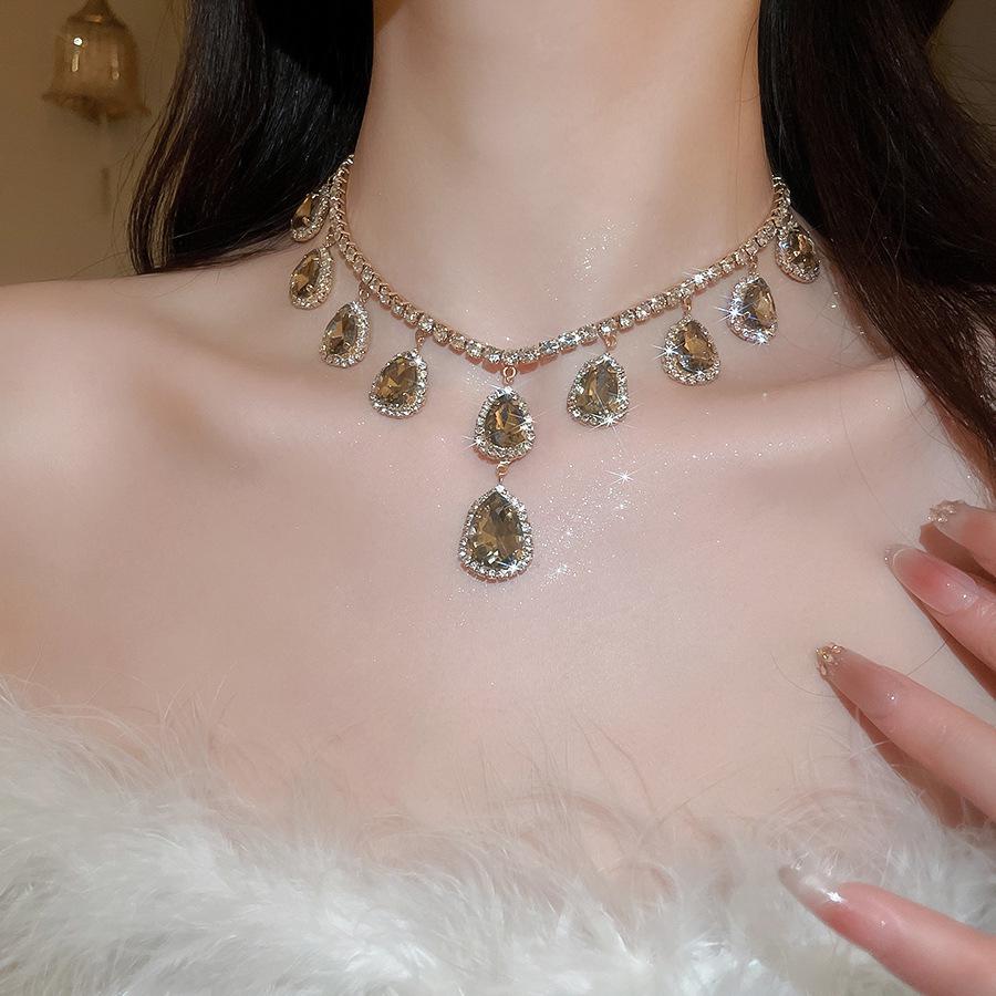 Elegant Rhinestone Tassel Geometric Water Drop Necklace & Earring Set