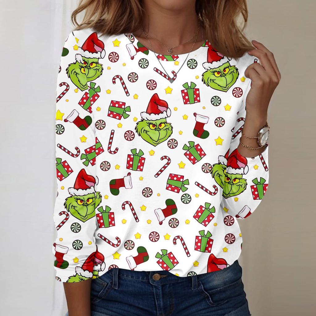 Damenmode, lässig, langärmelig, bedruckt, Rundhalsausschnitt, Pullover, Top, Bluse