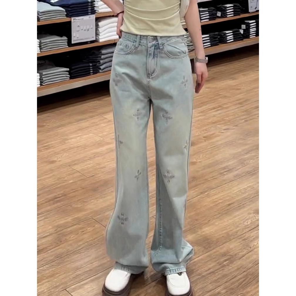 Spring 2025 Women's High-Waist Embroidered Light Wash Wide-Leg Jeans