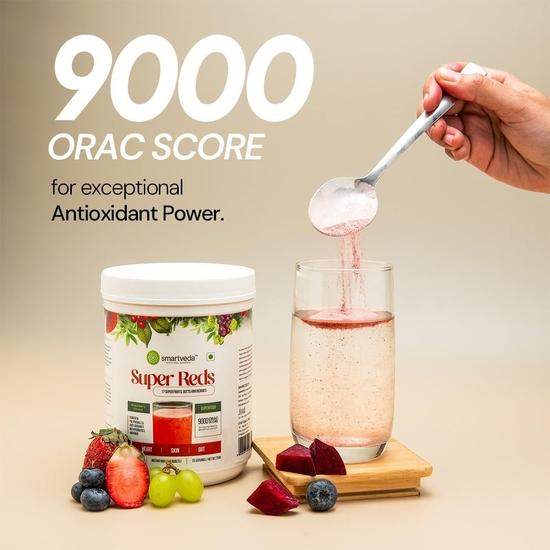 Smartveda Super Reds Pulver | 17+ Früchte, Beeren & Rote Bete Extrakt | Stevia (Ohne Zuckerzusatz) & Darmgesundheit, Hautstrahlen | 25 Portionen Gesundheitsmischung