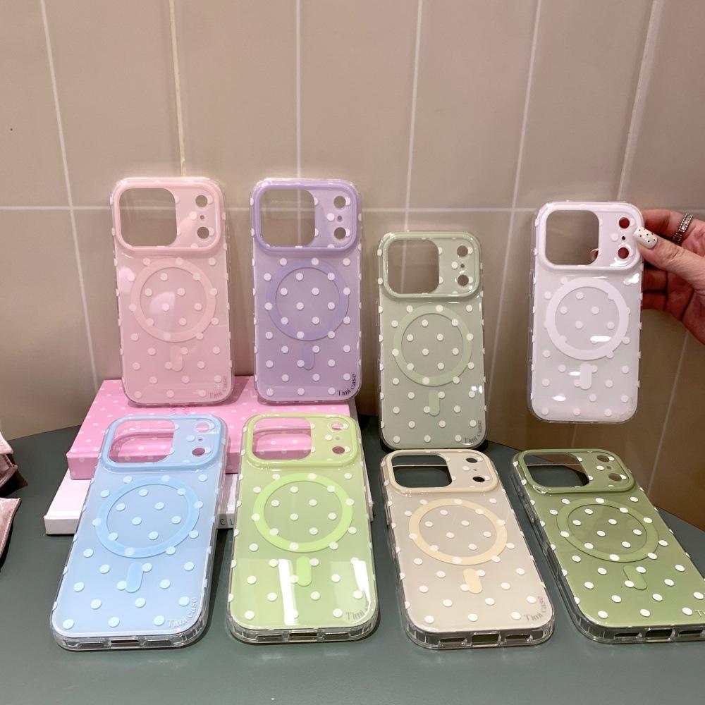 INS Korean polka dot magnetic mobile phone case is suitable for Apple 17/16PRO solid color small fresh engraved iPhone15/14.