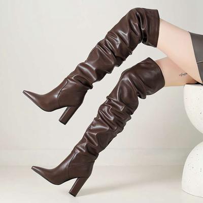 PU Autumn Winter Shoes Pointed Toe Super Thick High Heels Equestrian Boots Pleated Keep Warm Fashion Over-the-knee Boots