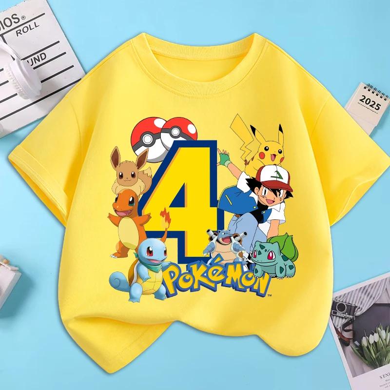 Pokemons Cartoon Number Birthday T-shirts Pikachu Anime Cute Short-sleeved Top Boys Girls Summer Fashion T-shirt Kids Clothes