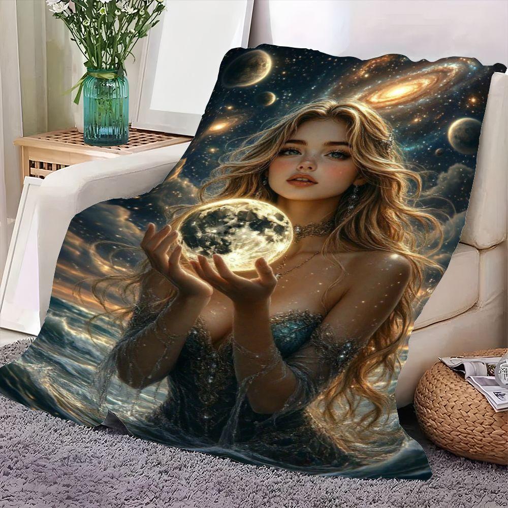Enchanting Oceanic Fantasy Blanket - Soft Fluffy Throw Featuring a Mystic Blonde Woman Holding a Glowing Moon, Draped in a Dark