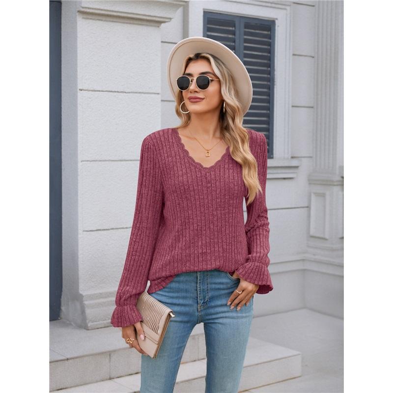 Women's Blouse New Product Solid Color Pit Strip Brushed Casual V-neck Lace Long-sleeved Bottoming Shirt