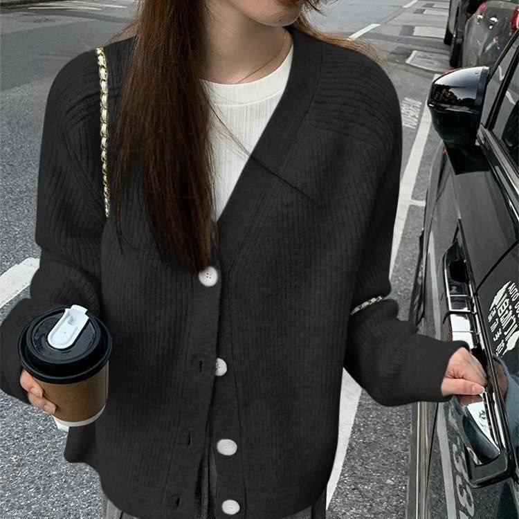 

Женский вязаный кардиган средней длины в корейском стиле с широким воротником для весны и осени S 43-50 kg чёрный