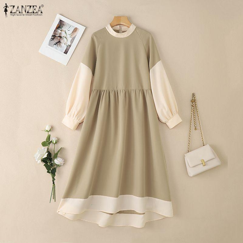 ZANZEA Women Casual Stand Collar Loose Long Sleeve Patchwork Long Dress