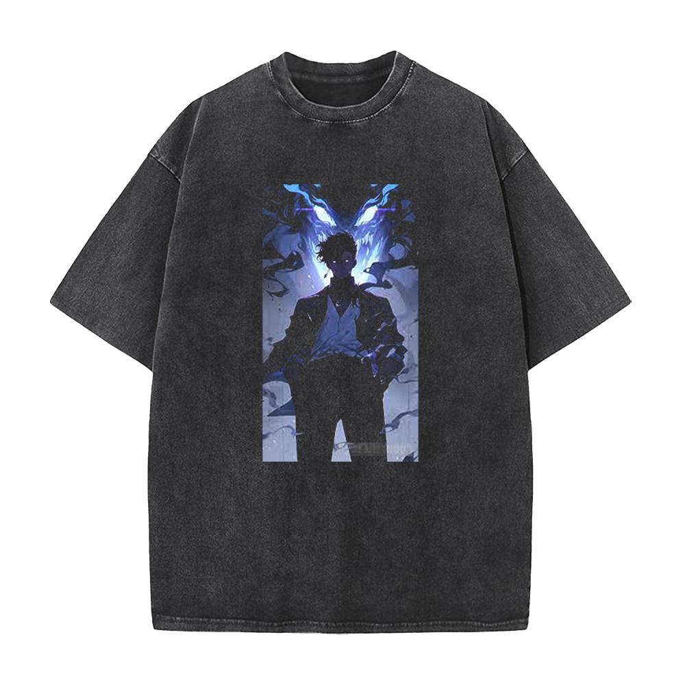 

Горячая аниме футболка с графическим принтом Solo Leveling Sung Jin Woo, мужская уличная футболка из стираного хлопка, оверсайз футболка, футболка Харадзюку XXL чёрный
