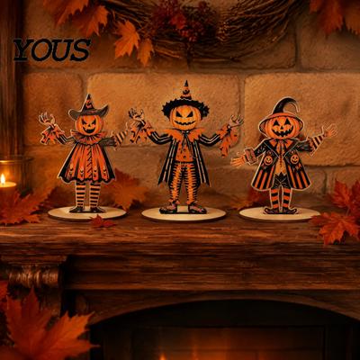 Vintage Halloween Party Supplies 3Pcs Wooden Pumpkin Scarecrow Ornaments, Table Centerpiece, Small Centerpieces Desktop Decoration for Home