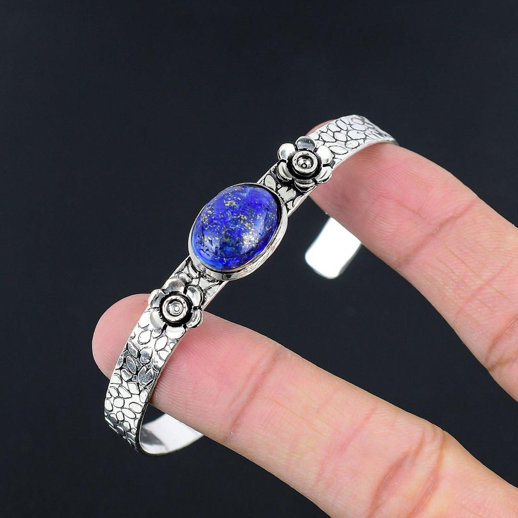Sisters Day Sale 925 Sterling Silver Lapis Lazuli Gemstone Trendy Flower Bangle