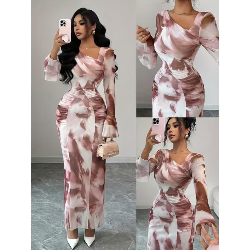 Womens Vintage Elegant Tie-Dye Print Mesh Ruched Fitted Long Sleeve Dress High Waist Irregular Neckline Flared