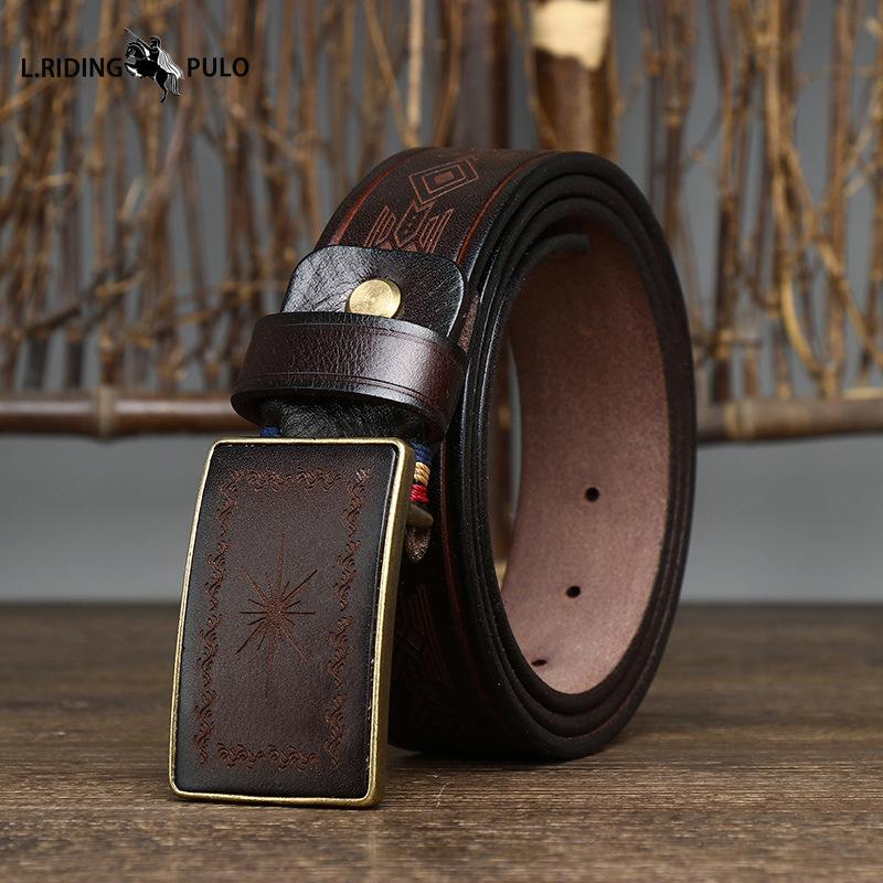 Retro Carved Pattern Trendy Handmade Smooth Buckle Belt Men's Buckle Genuine Leather Pure Cowhide Denim Belt