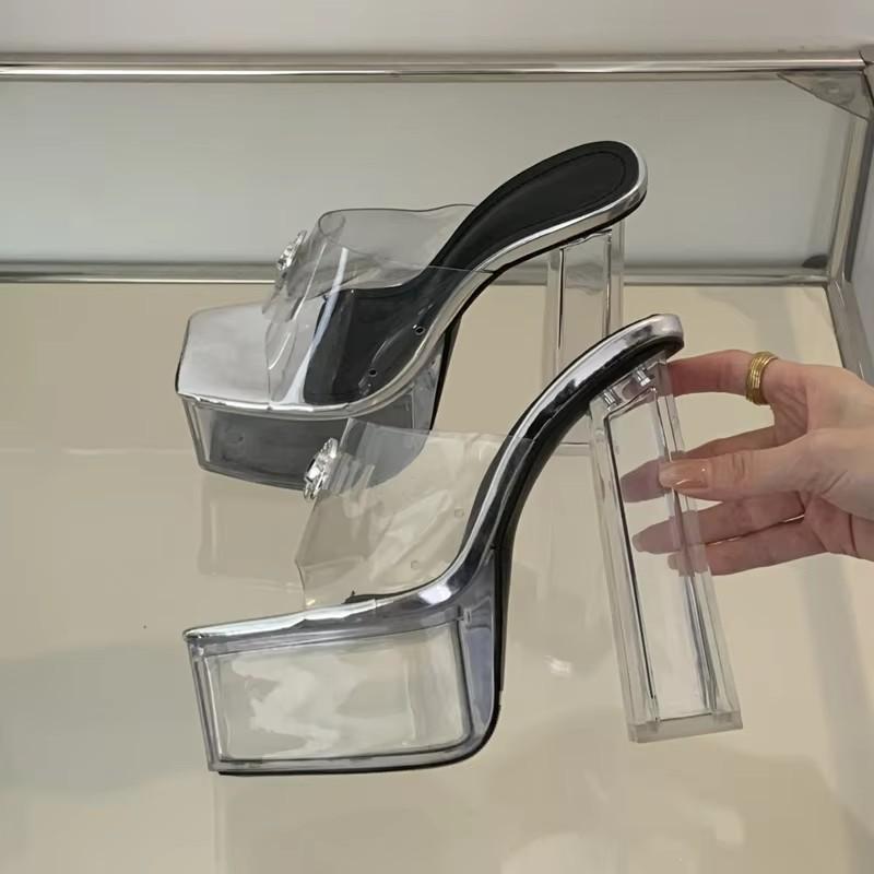 

Летняя мода Серебристые КРИСТАЛЛ ПВХ Прозрачные шлепанцы на платформе Женские с открытым носком Сандалии на квадратном каблуке для танцев Женская обувь 35 серебряный