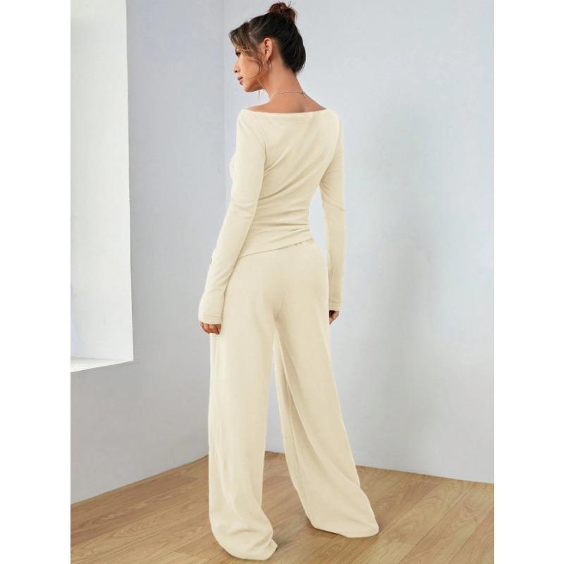 VEZFAA Women's Fashion Casual Spring Autumn Solid Color Print Long Sleeve O-Neck Trousers Pants Suits