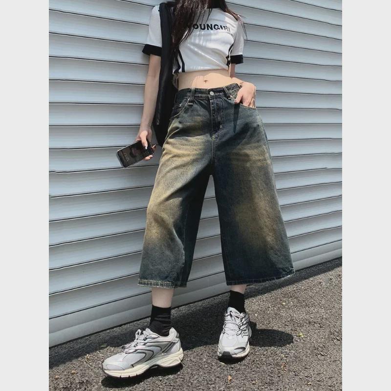 Unisex Retro Distressed Wide-Leg Denim Shorts - Washed, Loose, and Versatile Cropped Pants