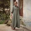 Women's Cotton Linen Shirt Dress Casual Rolled-Up Sleeve Button Dowm Maxi Dress Summer Loose