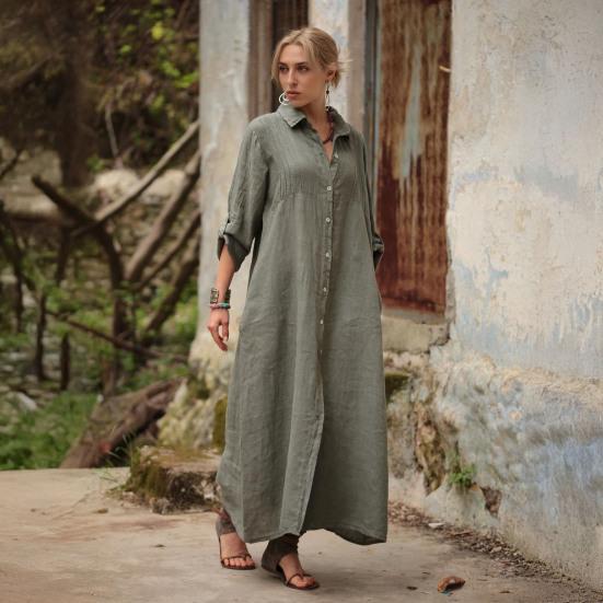Women's Cotton Linen Shirt Dress Casual Rolled-Up Sleeve Button Dowm Maxi Dress Summer Loose