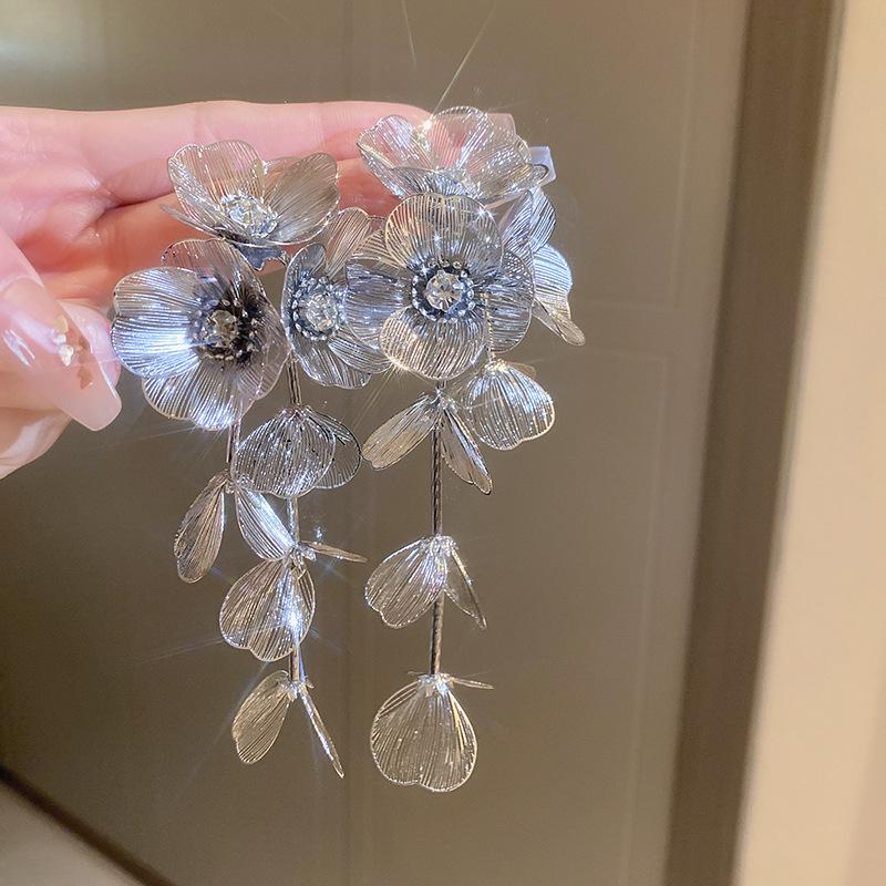 Exquisite Silver Needle Flower Bow Tassel Earrings - Luxury European & American Style for Women
