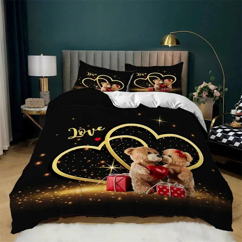 Love Heart Soft Duvet Cover Set Microfiber Bear Warm Comforter Cover Soft Romantic Beding Sets Valentine's Day For Young Girls Women Rom Decor
