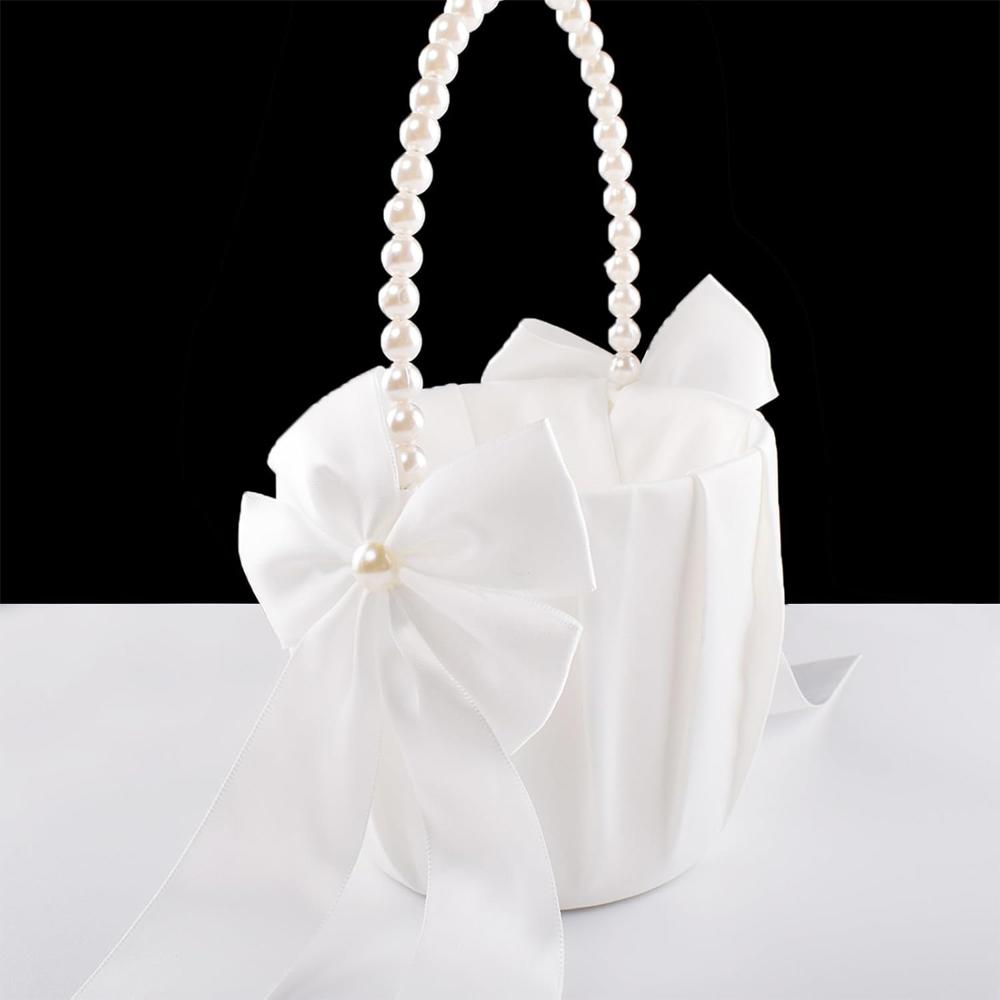 Cestas de Flores para Daminhas de Casamento com Alça Fofa de Pérola Laço Cestas de Flores de Cetim para Cerimônia de Casamento, Marfim