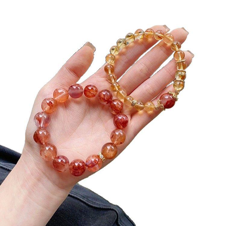 Golden Rutilated Quartz & Blood Red Glue Flower Bracelet: High-End Crystal for Wealth & Luck