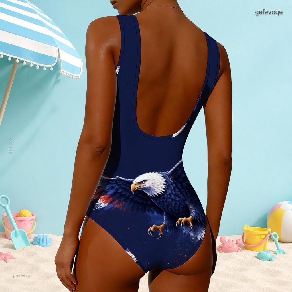 Women Plus Size High Round Neck Sleeveless Printed One Piece Swimsuit Red Blue White