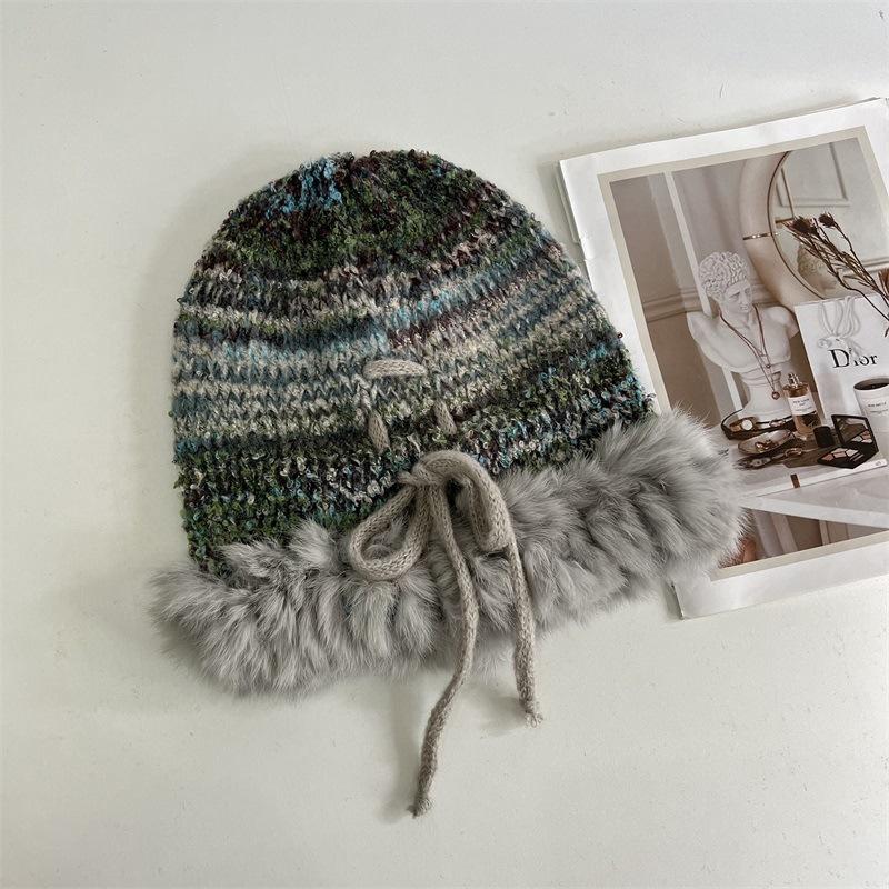 Niche Mixed-color Rabbit Rough Edge Warm Big Head Circumference Knitted Hat Women's New Autumn and Winter Design Sense Strap Headgear